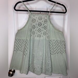 Umgee Light Green Boho Eyelet Babydoll Detail Strap Tank Size M